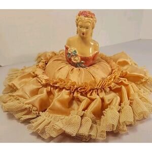 Antique 1900's Chalkware Half Doll Pin Cushion Pink Satin Lace Dress